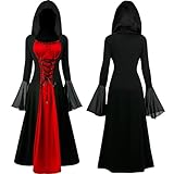 JONRRYIN Renaissance Kostüm Frauen, Vampir Kostüm Damen, Mittelalterliches Kleid mit Trompetenärmel, A-Linien-Stil Schwingendes Hexenkleid für Cosplay Halloween