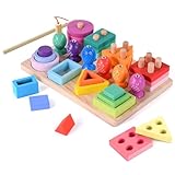 Goviox Montessori Spielzeug ab 1 Jahr, Holz Sortier- & Stapelspielzeug Steckpuzzle,Magnetisches Angelspiel, 3 in 1 Farbe Erkennung Form Sorter Angelspiel, Lernspielzeug Geschenk für Kleinkind