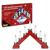 Idena 31604 - LED Adventsleuchter aus rot lackiertem Holz mit 7 warmweißen LED Kerzenlichtern, Schwibbogen mit Ersatzlampe und Schalter, Weihnachtsdeko für den Innenbereich