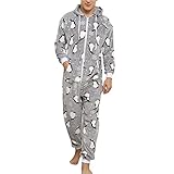 DUHENWU Weihnachten Schlafanzug Herren Einteiler Jumpsuit Teddy Fleece Schlafoverall Kuschelig Samt Schlafanzug Plüsch Lang Pyjama Winter Warm Overall Schlafoverall Mit Reißverschluss