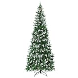 KOMFOTTEU 220 cm künstlicher Weihnachtsbaum, Christbaum mit 39 Tannenzapfen & 720 Zweigspitzen mit Schnee, Tannenbaum mit faltbarem Metallständer für Zuhause Büro Geschäfte, Grün