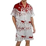 Celucke Herren Schlafanzug Kurz Weihnachts Pyjama Sommer Kurzarm Zweiteilige Nachtwäsche Loungewear mit Schlafanzughose Set Hemd und Shorts 2-teiler Weihnachtsdruck Weihnachtspyjama Lose Pyjamaset