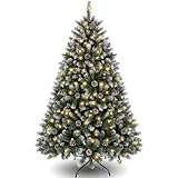 Himimi 250 LEDs Künstlicher Weihnachtsbaum mit Schnee 180cm(Ø ca. 110 cm) 1000 Tips,Geschmückter Weihnachtsbaum mit Tannenzapfen,Schnellmontagesystem, Flammenhemmend, Klappbarer Ständer Grün Weiß