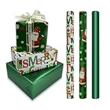 Rolle Weihnachtsgeschenkpapier – 3 Rollen 43 cm x 3 Meter, grünes Geschenkpapier mit Weihnachtsmann und Schneeflocke bedruckt für Weihnachten, Geburtstage, Hochzeiten, Partys, Festgeschenkpapier