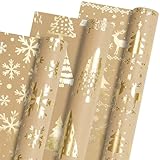 Geschenkpapier Weihnachten, 3 Rollen 43 x 300cm Metallisch Gold und Braun Kraftpapier Geschenkpapier Weihnachten, Schneeflocke Weihnachtensbaum und Rentier Geschenkpapier für Weihnachten Winterurlaub