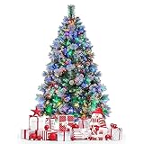 COSTWAY 180/210cm Künstlicher Weihnachtsbaum LED, beleuchteter Tannenbaum mit Kiefernzapfen & roten Beeren & Metallständer, 11 Lichtmodi, Christbaum PVC Kunstbaum Weihnachten, grün (180cm)