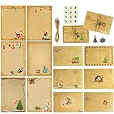 SLshiBo Vintage Briefpapier Weihnachten mit Umschlag Set, 12 Stück Vintage Briefpapier Weihnachten mit 6 Briefumschläge, 10m Hanfseil, Aufklebern und Weihnachtszubehör für Verwandte Freunde usw.