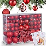 ONBEST Weihnachtskugeln 128-teiliges Set – 1x Baumspitze Glitzer Stern & 127x Kugel – mit Verpackung – Weihnachtsschmuck Deko für Drinnen & Draußen aus Kunststoff – PLUS 5X Karte (Rot)