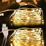 Olerqzer LED Lichterkette, 2 Stück 5M 50LED USB-Anschluss Kupferdraht Stimmungs Lichterkette Wasserdicht IP44 für Garten, Weihnachten, Zimmer, Innen, Außen, DIY Partylichterkette(Warmweiß)