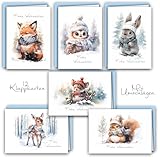 12 Weihnachtskarten Set Klappkarten mit Umschlägen a6 Karte Karten Umschlag glanz Frohe Weihnachten Merry Christmas xmas Aquarell Waldtiere Reh Fuchs Hase Eule Eichhörnchen Maus