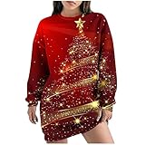 Weihnachtspullover-Kleid für Damen, bedruckt, Sweatshirt-Kleid, langärmelig, Rundhalsausschnitt, lässiges Kleid, Damenkleid, Ausverkauf, Rot #_03, XXL