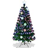 GOPLUS Künstlicher Weihnachtsbaum Glasfaser, LED Tannenbaum mit Schneeflocken & Metallständer, Christbaum Grün für Festivals Feiertage (150 cm)
