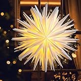 EANLOLY Papierstern zum Aufhängen, Weihnachtsstern Beleuchtet, 3D Leuchtsterne Fenster, Papiersterne Weihnachten Fensterdeko, Weiß Ø 45 cm