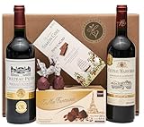 Geschenkset französische Genüsse | mit französischem Rotwein (Bordeaux) trocken | Schokoladen-Trüffel | Zartbitterschokolade | 2 x Feigen in Schokolade | Präsentkorb für Männer und Frauen