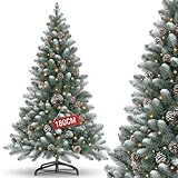 Weihnachtsbaum Künstlich mit Schnee-Effekt、Kiefernzapfen und Beleuchtung，180cm Tannenbaum Künstlich PVC mit Metallständer、Schnellaufbau Klappsystem，Nordmanntanne,Schwer Entflammbarer Christbaum