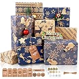 Geschenkpapier Weihnachten, 6 Blatt Dunkelblaues und Braun Weihnachten Geschenkpapier Set mit Aufklebern Anhänger und Schleife, Kraftpapier Recycling Geschenkpapier für Weihnachten Neujahr, 70x50CM